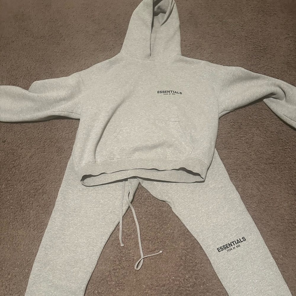 Grey essential fear of god sweatsuit hoodie and joggers